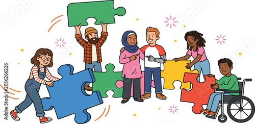 Diverse inclusive people working together connecting colorful puzzle pieces for teamwork and community concept