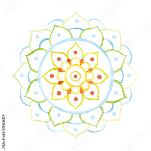 A two-color Indian mandala, a hand-drawn watercolor illustration, cartoon. Design for stickers, cards, scrapbooking, and souvenirs. India, holiday, legends, festival, gods, drawing, ornament