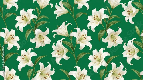 White Lilies Blooming on Green Background in Floral Pattern Design