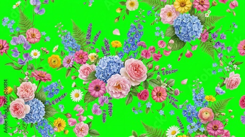 Colorful Floral Pattern with Pink Roses Blue Hydrangeas and Green Ferns on Bright Green Background