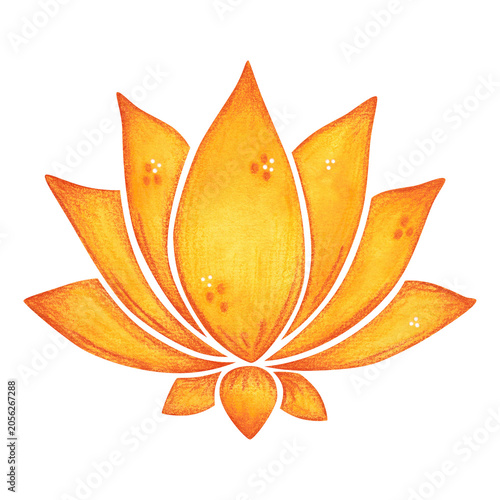 Indian lotus symbol, hand-drawn watercolor illustration, cartoon. Design for stickers, cards, scrapbooking, and souvenirs. India, holiday, legends, festival, gods, drawing, ornament