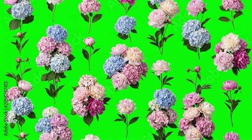 Colorful Hydrangea Flowers with Pink Blue and White Blooms on Green Background