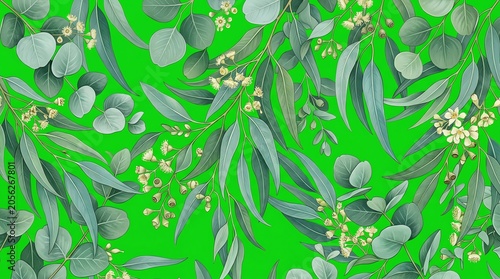 Green Eucalyptus Leaves and White Flowers Botanical Pattern on Bright Green Background