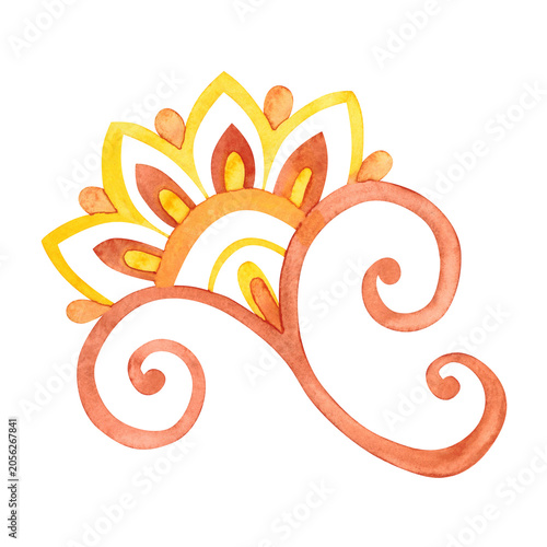 Indian mandala flower, hand-drawn watercolor illustration, cartoon. Design for stickers, cards, scrapbooking, and souvenirs. India, holiday, legends, festival, gods, drawing, ornament