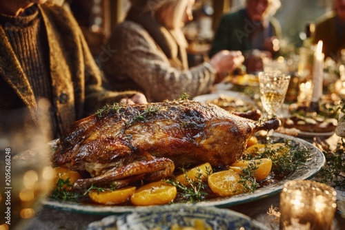 Large family table with whole roasted duck as centerpiece with orange segments and crispy skin detail, French duck-farming family tradition, European culinary heritage documentation