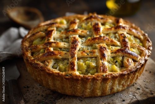 Leek and potato pie with creamy filling, tender leeks, and a crispy golden lattice top, styled in a British countryside setting

