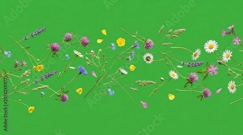 Colorful Wildflowers and Petals Arranged on Bright Green Background