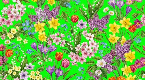 Colorful Spring Flower Pattern with Tulips Daffodils and Lilacs on Bright Green Background