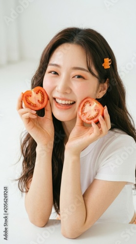 Woman Holding Tomatoes on Cheeks