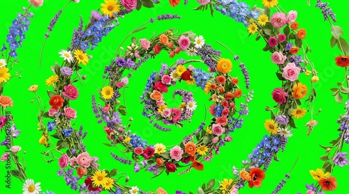 Colorful Floral Spiral Pattern on Bright Green Background