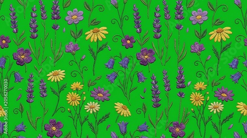 Colorful Floral Pattern with Purple and Yellow Flowers on Bright Green Background