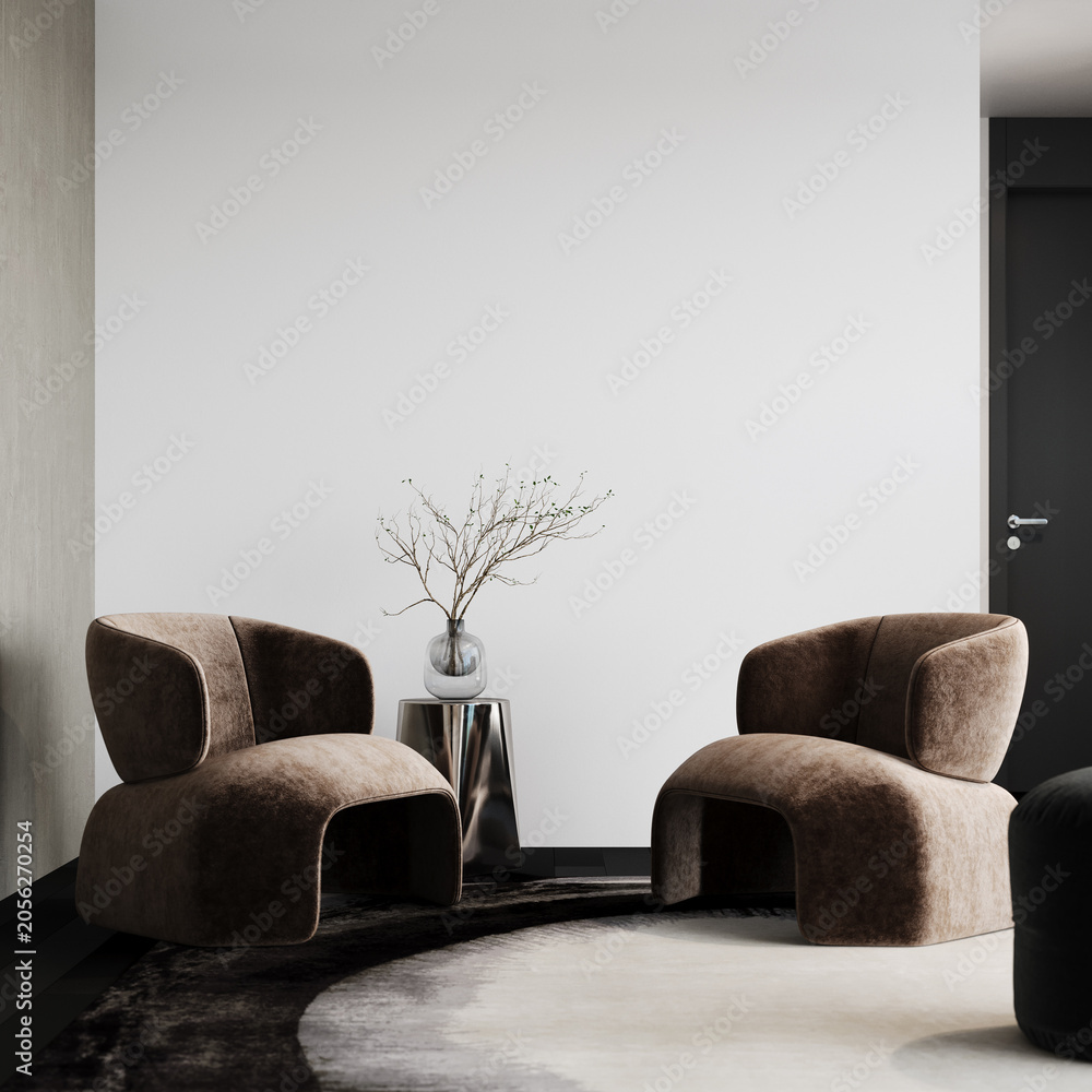 Fototapeta premium Modern interior design of living room with empty white wall background. 3D Rendering, 3D Illustration