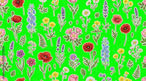 Colorful Floral Pattern with Poppies Lavender Daisies and Ferns on Bright Green Background