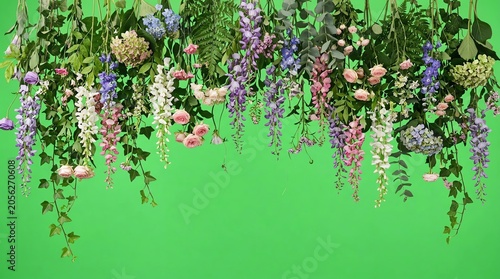 Colorful Hanging Flower Arrangement with Lavender Pink and White Blooms on Bright Green Background