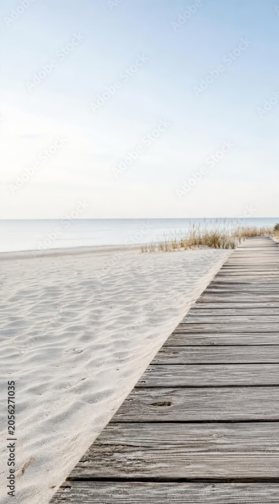 Obraz premium Minimalist wooden boardwalk on a quiet beach with copy space