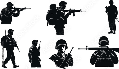Quadro em tela Military Soldier and Army Infantry Silhouette Vector Set with Tactical Combat Po