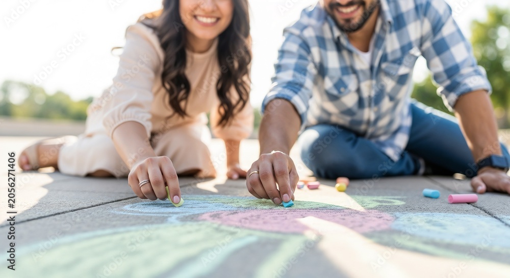 Fototapeta premium Playful couple creating chalk drawings on pavement in sunny park. Happy couple sits together drawing colorful designs using chalk, enjoying their time in nature.