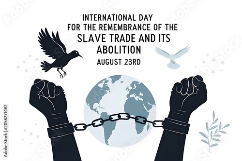 International day for the remembrance of the slave trade and its abolition featuring two raised dark fists with broken chains and a globe illustration rendered in a minimal flat style
