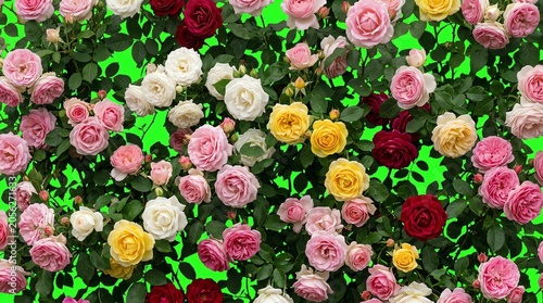 Colorful Rose Garden with Pink White Yellow and Red Roses on Green Foliage