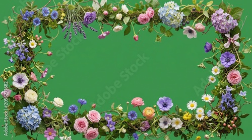 Colorful Floral Frame with Pink Purple Blue White Flowers on Green Background