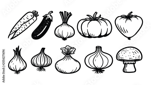 Vegetable icon collection with hand drawn organic market produce