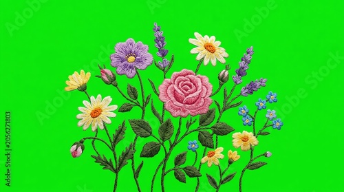 Colorful Floral Embroidery Pattern with Pink Rose Daisies Lavender and Blue Flowers on Green Background
