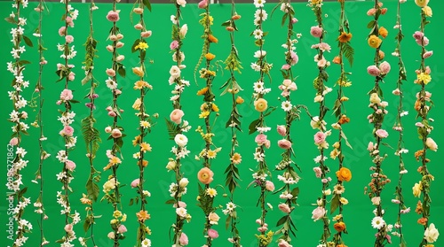 Colorful Flower Garlands Hanging on Green Background for Decoration