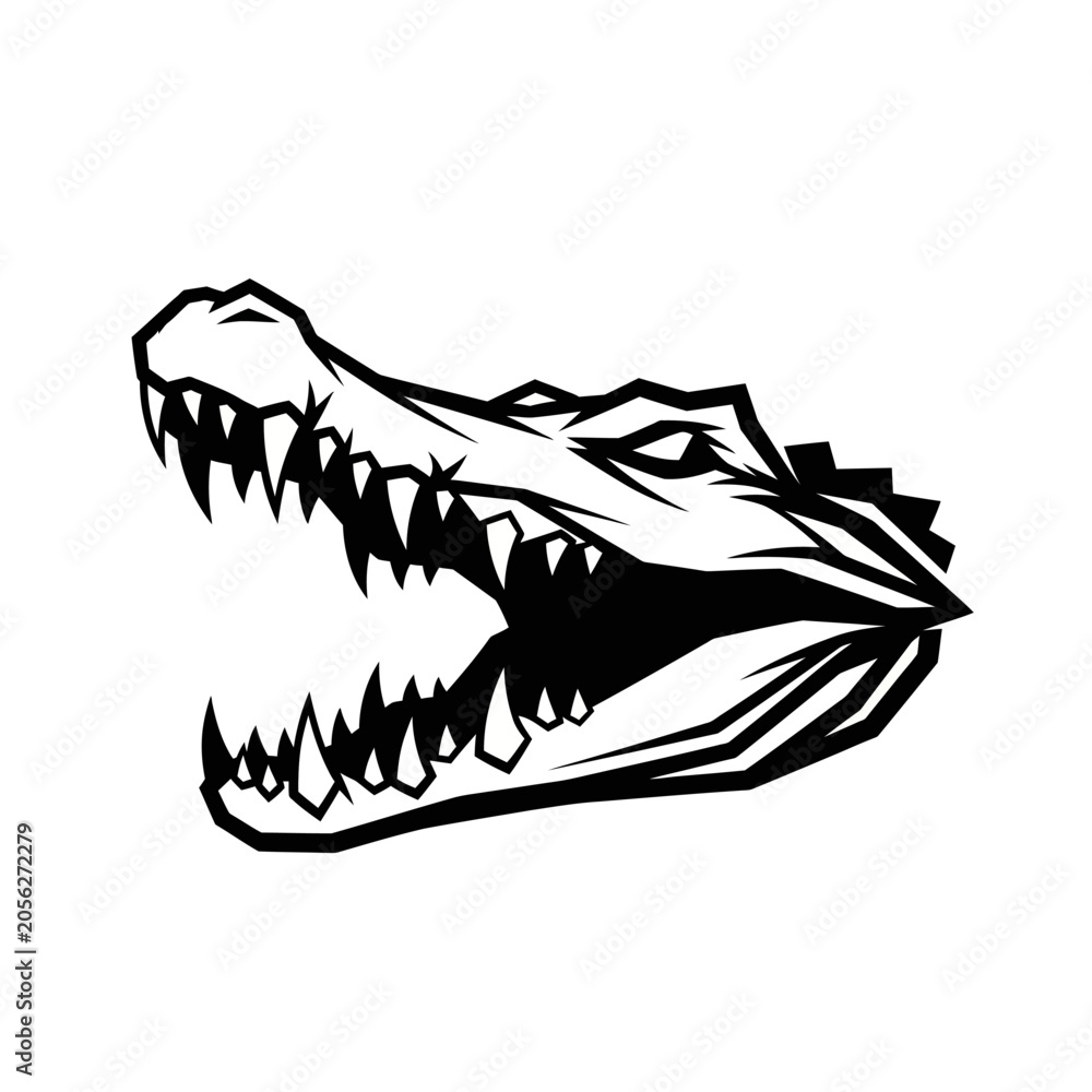 Naklejka premium Aggressive Alligator Head Silhouette, Black and White Vector Illustration