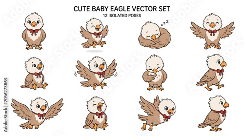 Konstfotografi Cute baby eagle vector set, 12 isolated poses of cartoon eaglet characters, ador