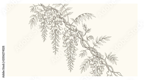 Vintage wisteria flower branch vector illustration, elegant hand drawn botanical line art, antique floral sketch for wedding invitations
