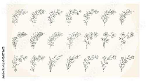 Tableau sur toile Minimalist hand drawn floral corner borders, set of 21 botanical line art illust