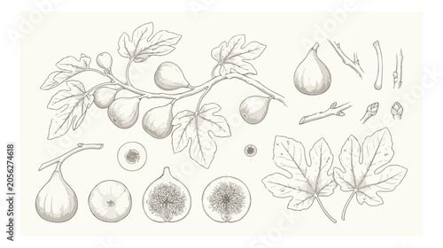 Obraz na płótnie Botanical fig fruit and leaf vector illustration set, detailed hand-drawn fig tr