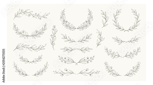 Картината върху платно Elegant botanical vector laurel wreaths and floral frames, delicate hand-drawn leaf dividers and borders, perfect for wedding invitations, branding, and decorative design elements