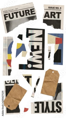 Creative collage of torn newspaper clippings with abstract art elements