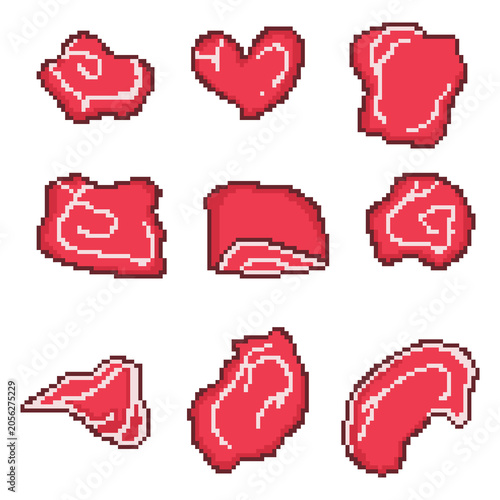 Meat pixel art steak raw beef collection set