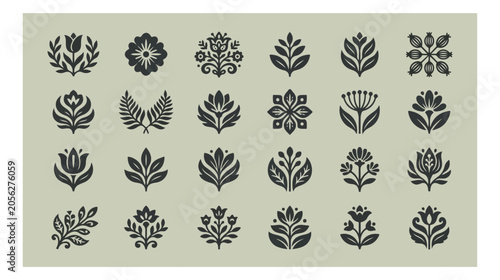 Cuadro en lienzo Elegant floral vector icon set, 28 decorative flower and leaf motifs, botanical