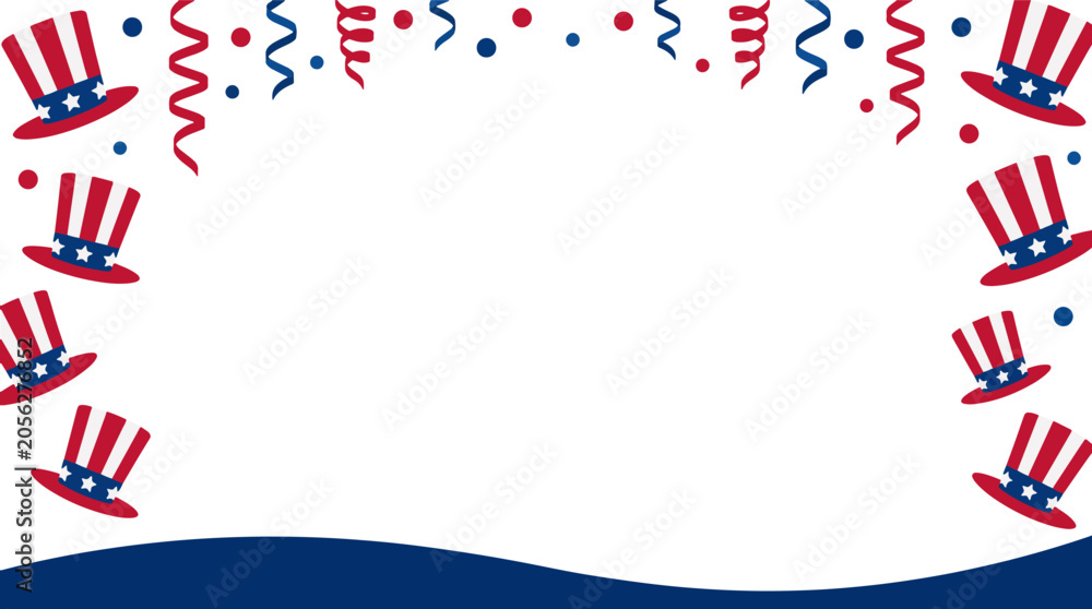 Obraz premium American independence day background with uncle sam hats streamers and confetti over transparent frame for patriotic fest.