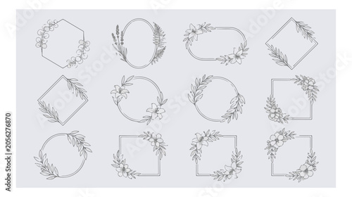 Elegant floral frames vector set, delicate botanical wreaths, hand-drawn flower borders for wedding invitations, branding, and decorative design elements, 12 unique line art illustrations.