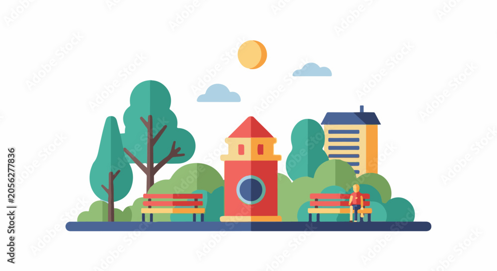 Fototapeta premium A stylized park scene with trees, benches, a tower, building, sun, and clouds