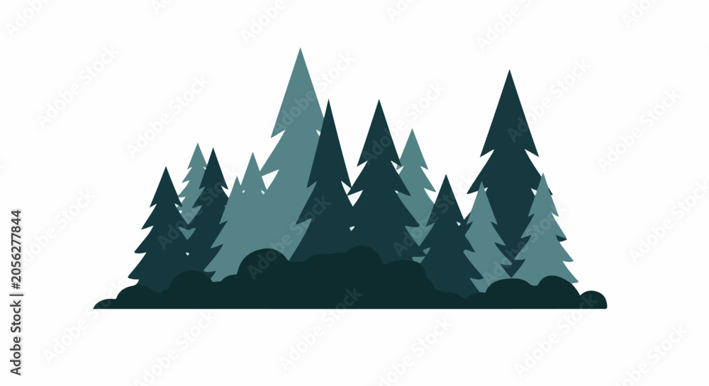 Obraz premium A stylized, minimalist illustration of a dense forest with varied evergreen trees in shades of blue and green