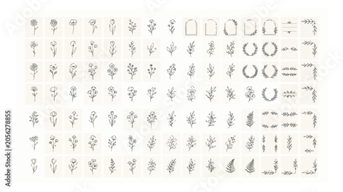 Minimalist hand drawn floral line art collection, set of 84 botanical wildflower sketches, elegant black ink garden plant icons for wedding branding