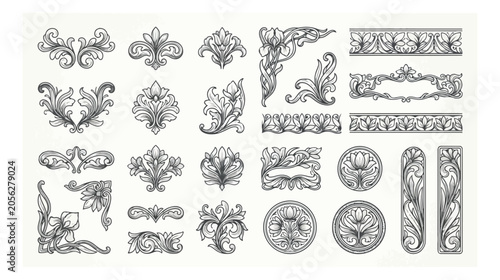 Vintage floral ornaments and baroque decorative elements set. Elegant victorian filigree borders and dividers vector. Classic black line art flourishes.