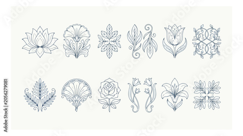 Art Nouveau floral ornaments set, 12 elegant line art botanical icons, vintage decorative flower motifs for wedding invitations and luxury branding