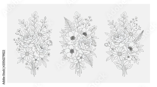Minimalist botanical line art bouquets, elegant hand drawn floral vector set, black and white wildflower arrangements for wedding invitations