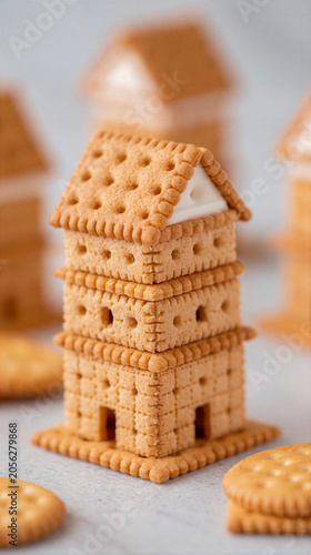 Biscuit house tower with cream filling and round crackers on table, creative snack idea