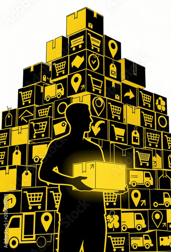 Delivery Worker Holding Package Among Ecommerce and Logistics Boxes Illustration