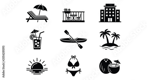 Photos Tropical Vacation Icons Flat Vector Silhouettes On White Background