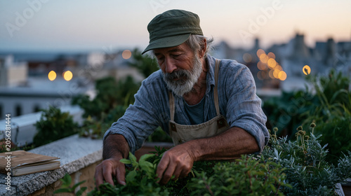 Twilight blue hour rooftop urban garden where older man harvests September herbs following circadian-aligned daily rhythm, habitual timing visible in practiced movement, city