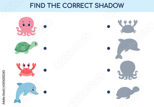 Cute sea creatures face their matching shadows. Octopus, turtle, crab, and dolphin shown in color. Shadow versions appear beside each character. Vector illustration