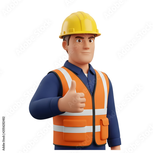 3D construction worker giving thumbs up with safety vest and hard hat